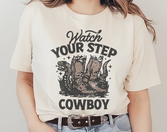 Watch Your Step Cowboy Graphic T-Shirt, Original Western Country Snake and Boots in the Desert Landscape Design Unisex Men's Women's Tee