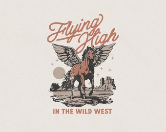 Flying High Horse Pegasus Western Country Desert Cowboy Whimsical & Mythical Retro Vintage T-Shirt Graphic Transparent PNG Digital Download