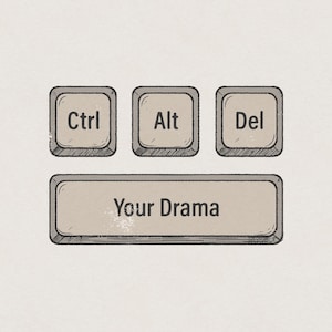 Puede incluir: Un teclado con tres teclas etiquetadas como "Ctrl", "Alt" y "Del". Debajo de las teclas hay una tecla más grande etiquetada como "Your Drama".