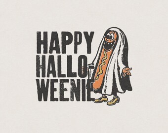 Happy Halloweenie Spooky Halloween Ghost Hot Dog Character Mascot Funny Retro Vintage T-Shirt Graphic Transparent PNG Digital Download