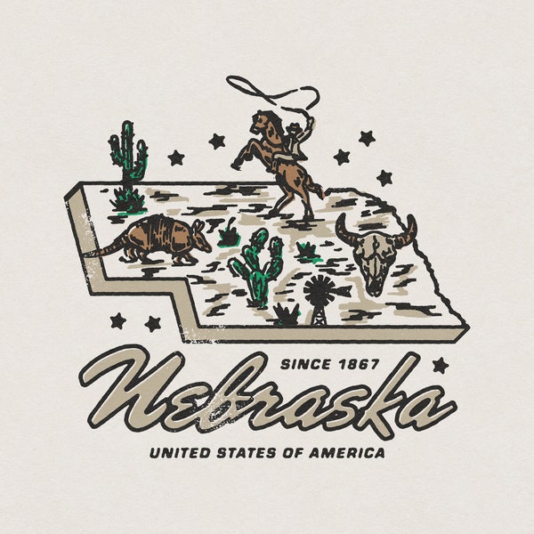 Nebraska Landscape Original Hand Drawn Artwork, Cowboy, Bull Skull, Cactus American Vintage Country Western Transparent PNG Digital Download