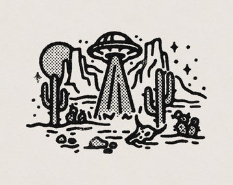 Western Cowboy UFO Alien Desert Scene with Bull Skull, Cacti, and Mountains Transparent PNG Digital Download