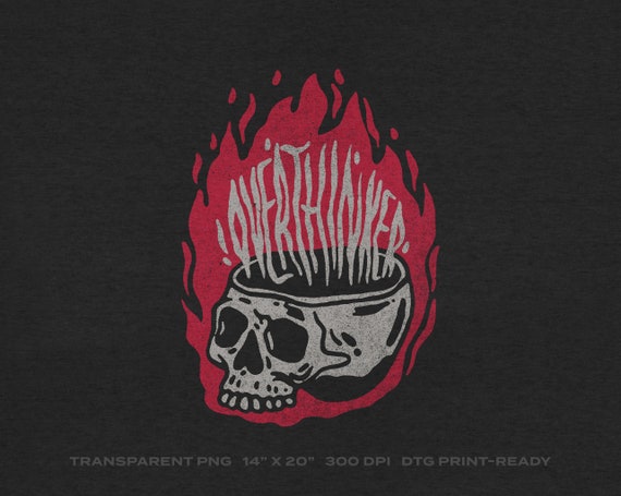 Overthinker Anxiety Skull Mental Health Transparent PNG Digital Download for DTG Printing, DTF, Sublimation, Transfers, etc.