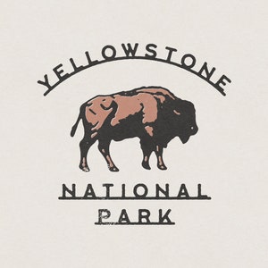 May include: Black and white illustration of a bison with the text "Yellowstone National Park" in a curved arch above the bison.