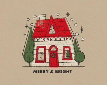 May include: A red and white house with a green wreath on the door and snow falling around it. The text "Merry & Bright" is below the house.