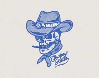 Cowboy Killer Western Outlaw Skull American Country USA Illustration Retro Vintage T-Shirt Graphic Transparent PNG Digital Download