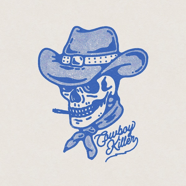 Cowboy Killer Western Outlaw Skull American Country USA Illustration Retro Vintage T-Shirt Graphic Transparent PNG Digital Download