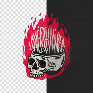 May include: A red and white illustration of a skull with flames coming out of the top of its head. The flames spell out the word "overthinker".