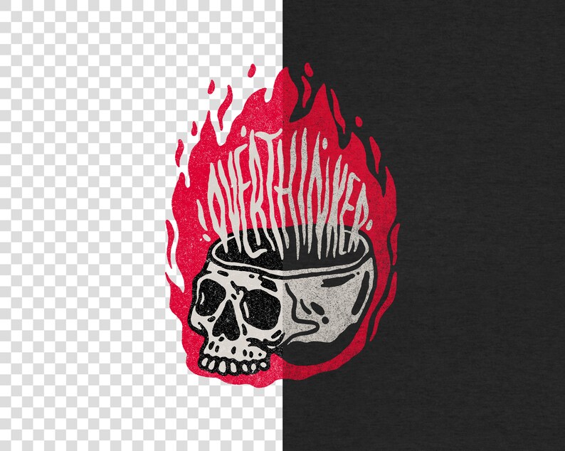 May include: A red and white illustration of a skull with flames coming out of the top of its head. The flames spell out the word "overthinker".