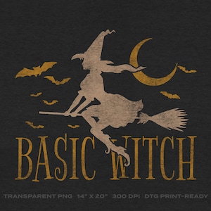 以下が含まれることがあります： 三日月とコウモリを背景に、ほうきに乗って飛ぶ魔女を描いたデジタルデザイン。"BASIC WITCH"というテキストは、ビンテージスタイルのフォントで書かれています。