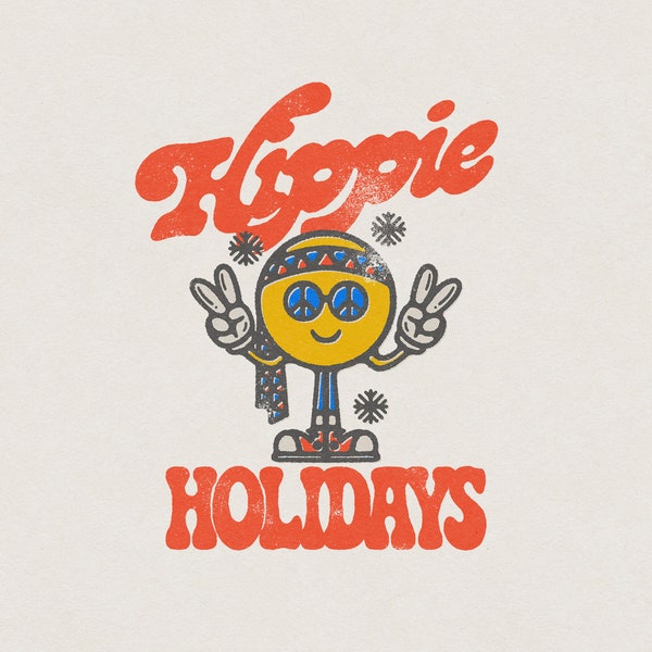 Hippie Holidays, Retro Vintage Hipster Smiley Christmas Mascot Cartoon Character Transparent PNG Digital Download