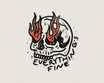 Everything's Fine – Minimalist Funny Skull for Mental Health and Anxiety Vintage Graphic Transparent PNG Digital Download