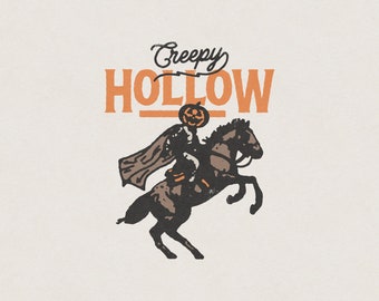 May include: A vintage-style illustration of a headless horseman riding a rearing horse. The horseman is wearing a brown cloak and a jack-o'-lantern for a head. The text "Creepy Hollow" is above the image.