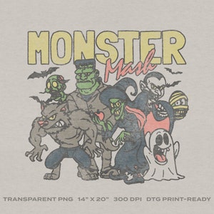 Vintage Monster Mash Halloween PNG transparent en téléchargement numérique pour impression DTG, DTF, sublimation, transferts, etc.