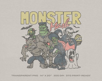 Vintage Monster Mash Halloween Transparent PNG Digital Download for DTG Printing, DTF, Sublimation, Transfers, etc.