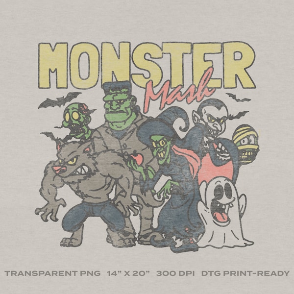 Vintage Monster Mash Halloween Transparent PNG Digital Download for DTG Printing, DTF, Sublimation, Transfers, etc.