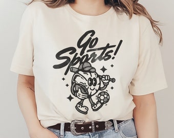 Go Sports Graphic T-Shirt Cute Funny Retro Vintage Mascot Cartoon Character Football Baseball Basketball School Spirit Unisex Tee