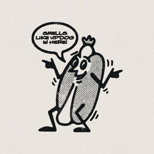Smells Like Updog Funny Dad Joke Retro Hot Dog Mascot Cartoon Transparent PNG Digital Download