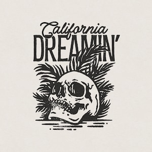 California Dreamin&#39; Vintage Palm Tree Skull Tattoo Line Illustration P&Co Style Retro T-Shirt Graphic Transparent PNG Digital Download