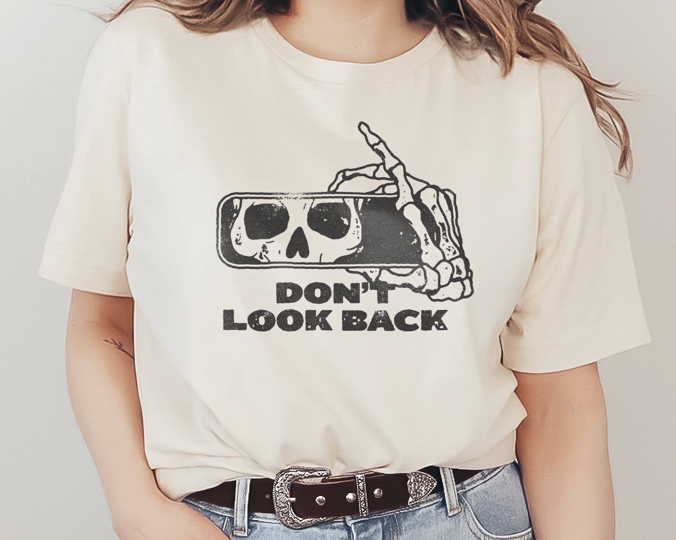 Don't Look Back Graphic T-shirt Skull Skeleton Car Mirror Hipster