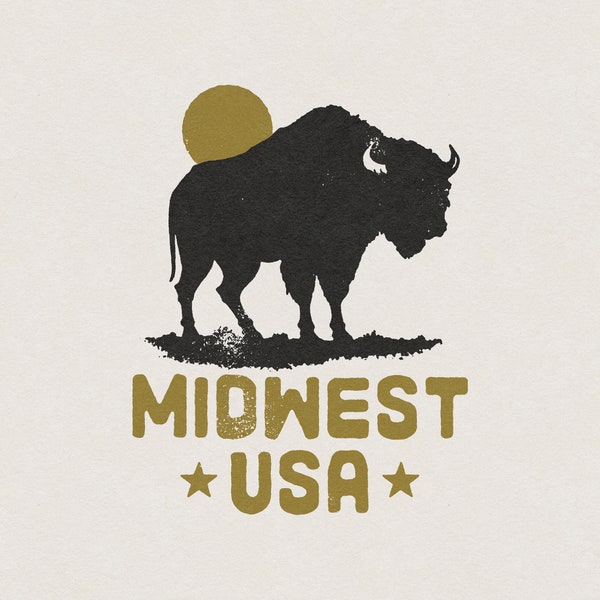 Midwest USA American Buffalo Sunset Great Plains Frontier Retro Vintage T-Shirt Graphic Transparent PNG Digital Download