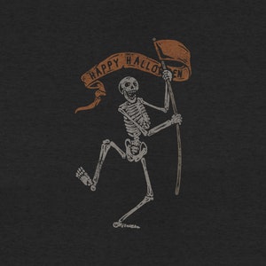 May include: A white skeleton holding a banner that says "Happy Halloween" in orange letters. The skeleton is wearing a black background.