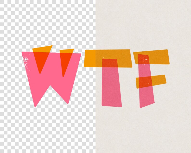 May include: A pink and orange graphic design with the letters "WTF" in a bold, blocky font.