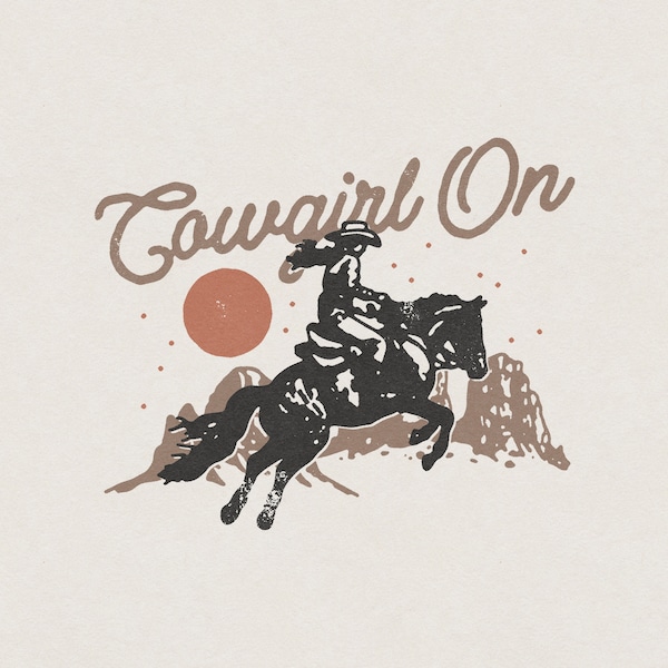 Cowgirl On Western Southern Desert Sunset Country Rodeo Cowboy Outlaw Retro Vintage T-Shirt Graphic Transparent PNG Digital Download