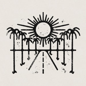 West Coast California zonsondergang met palmbomen en weg hipster minimalistische transparante PNG digitale download