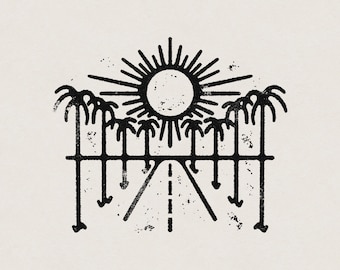 Tramonto sulla costa occidentale della California con palme e strada Hipster minimalista Download digitale PNG trasparente