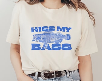 Kiss My Bass Graphic T-Shirt Fishing Funny and Humorous American Country Lake Life Fisherman Retro Vintage Unisex Men's Women's Tee