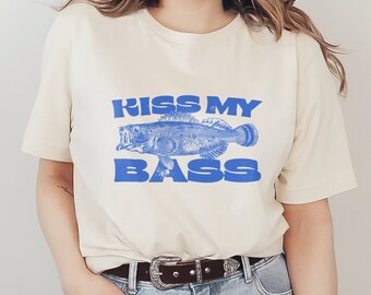 Kiss My Bass Grafik-T-Shirt Fischen Lustig und humorvoll amerikanischer Land See Leben Fischer Retro Vintage Unisex Herren Damen T-Shirt