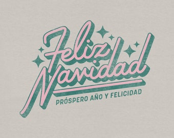 May include: A green and pink graphic design with the text "Feliz Navidad" and "Próspero Año y Felicidad".