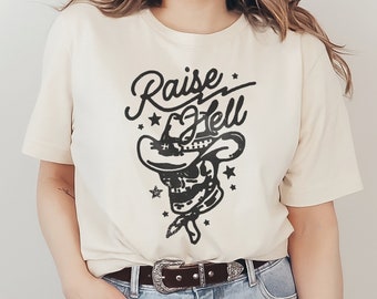 Raise Hell Graphic T-Shirt Vintage Cowboy Skull Traditional Tattoo Line Work Illustration Retro Unisex Men's Women's Tee