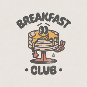 Club per la colazione, pila di pancake per brunch retrò vintage con segno di pace Download digitale PNG trasparente