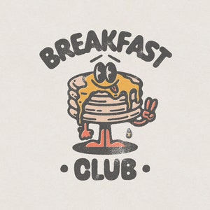 Breakfast Club, Retro Vintage Brunch Pancake Stack Holding Peace Sign Transparent PNG Digital Download