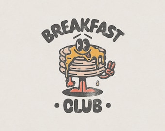 Breakfast Club, Retro Vintage Brunch Pancake Stack Holding Peace Sign Transparent PNG Digital Download