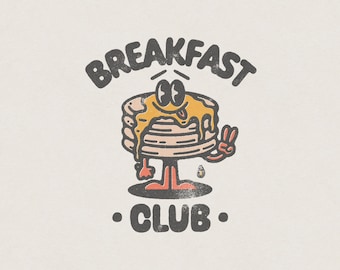 Club de desayuno, Retro Vintage Brunch Pancake Stack sosteniendo signo de paz PNG transparente Descarga digital