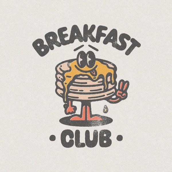 Breakfast Club, Retro Vintage Brunch Pancake Stack Holding Peace Sign Transparent PNG Digital Download