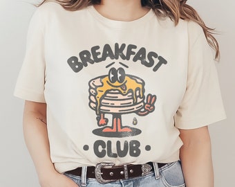 Breakfast Club Graphic T-Shirt Retro Vintage Cute Funny Brunch Pancake Stack Mascot Character Holding Peace Sign Unisex Men's Women's Tee