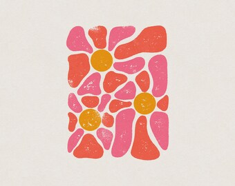 May include: Abstract floral design with pink and red organic shapes and two yellow circles in the center.