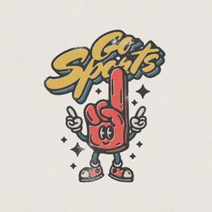 Ga sporten, grappige retro vintage schuimvinger mascotte stripfiguur transparante PNG digitale download