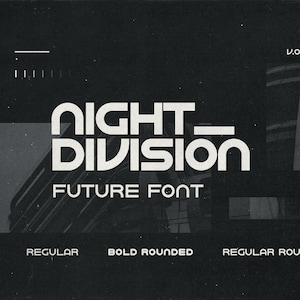 Peut inclure: Une conception graphique pour une police de caractères appelée "Night Division" dans un style futuriste. La police est disponible en quatre styles : Gras, Régulier, Gras arrondi et Régulier arrondi. La police est disponible au format OTF.