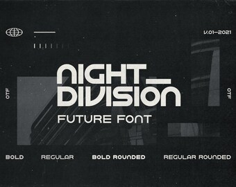 May include: A graphic design for a font called "Night Division" in a futuristic style. The font is available in four styles: Bold, Regular, Bold Rounded, and Regular Rounded. The font is available in OTF format.