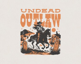 Undead Outlaw Spooky Halloween Ghoul Wild Western Cowboy Graveyard Funny Retro Vintage T-Shirt Graphic Transparent PNG Digital Download