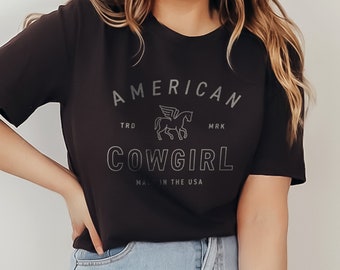 American Cowgirl Graphic T-Shirt Country Western Winged Horse Girl Made in USA Cowboy Pegasus Retro Vintage Unisex Men's Women's Tee