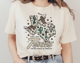 Texas Graphic T-Shirt Western Landscape Original Hand Drawn Artwork, Cowboy, Bull Skull, Cactus, American Vintage Country Unisex Tee