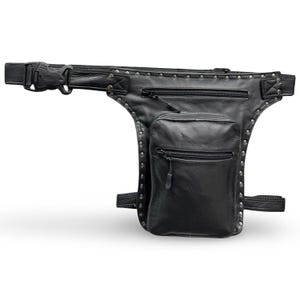 Men's Women's Genuine Leather Bag Leg Bag Motorcycle Leg Bag Black Rivets