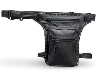 Borsa da gamba in vera pelle per uomo e donna, borsa da gamba per motociclista, nera con rivetti