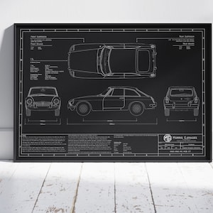 Peut inclure: Illustration de style plan en noir et blanc d'une voiture classique MG MGB GT. L'illustration comprend une vue de dessus, de côté et arrière de la voiture, ainsi que des spécifications techniques et des détails. Le texte "Morris Garages" est inclus dans le coin inférieur droit de l'illustration.